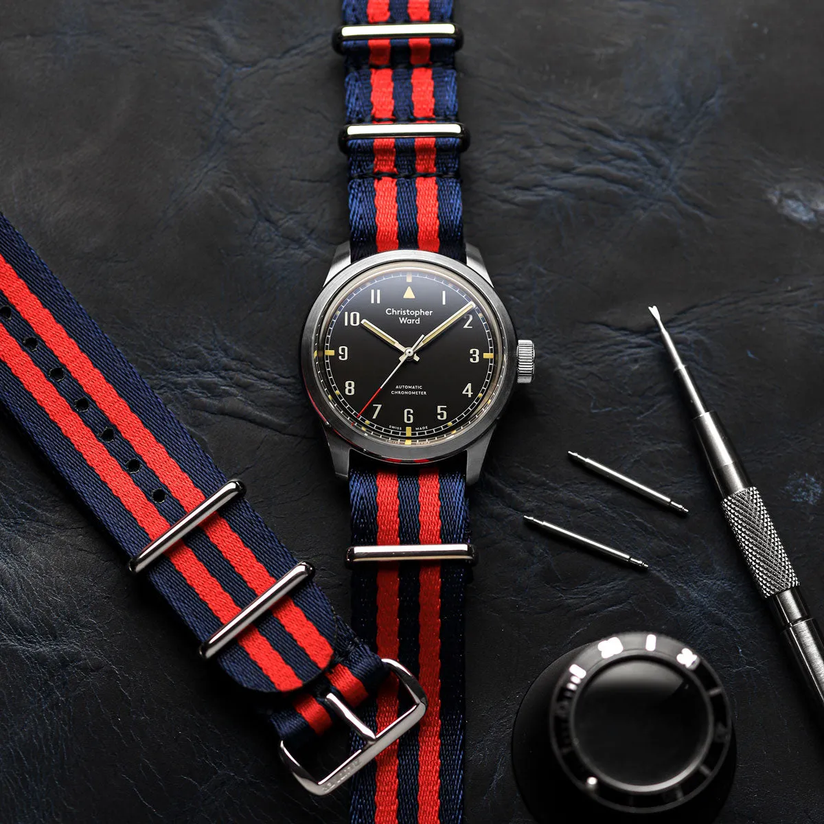 1973 British Military Watch Strap: ARMOURED - Navy Blue/Red, Polished