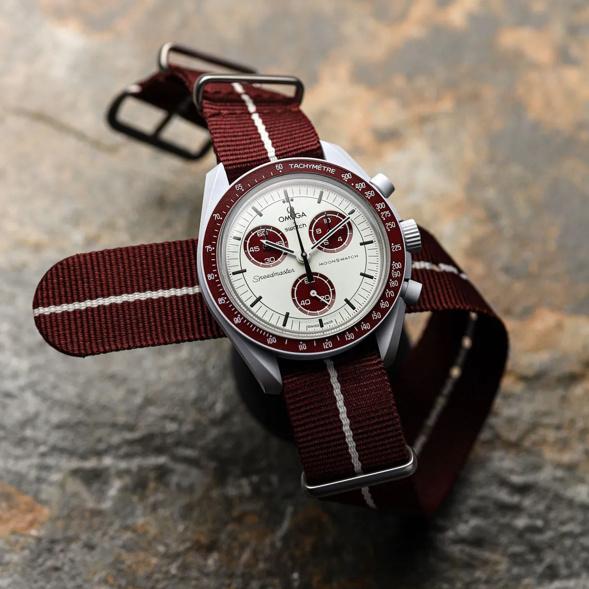 1973 British Military Watch Strap: CADET Marine Nationale - Burgundy, White Stripe