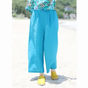 Blue Linen Summer Autumn Women Casual Pants with Pockets SMM97226