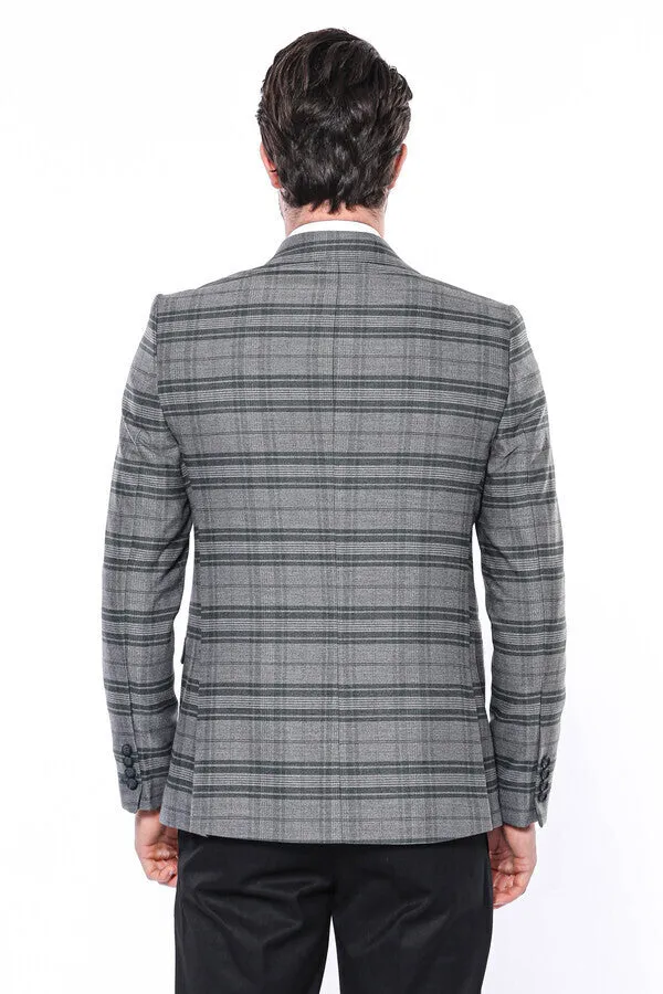 Checked Slim Fit Single Button Green Men Blazer - Wessi