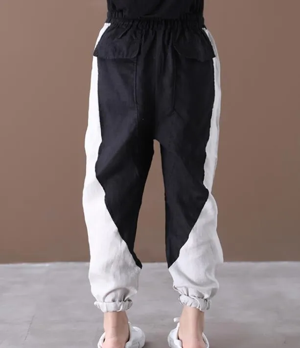 Color Block Summer Loose Linen Wide Leg Women Casual Pants WG05131