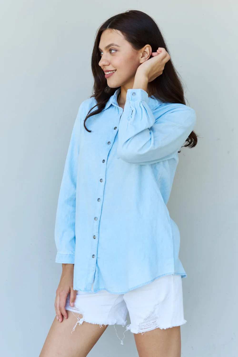 Doublju Denim Button Down Shirt Top in Light Blue