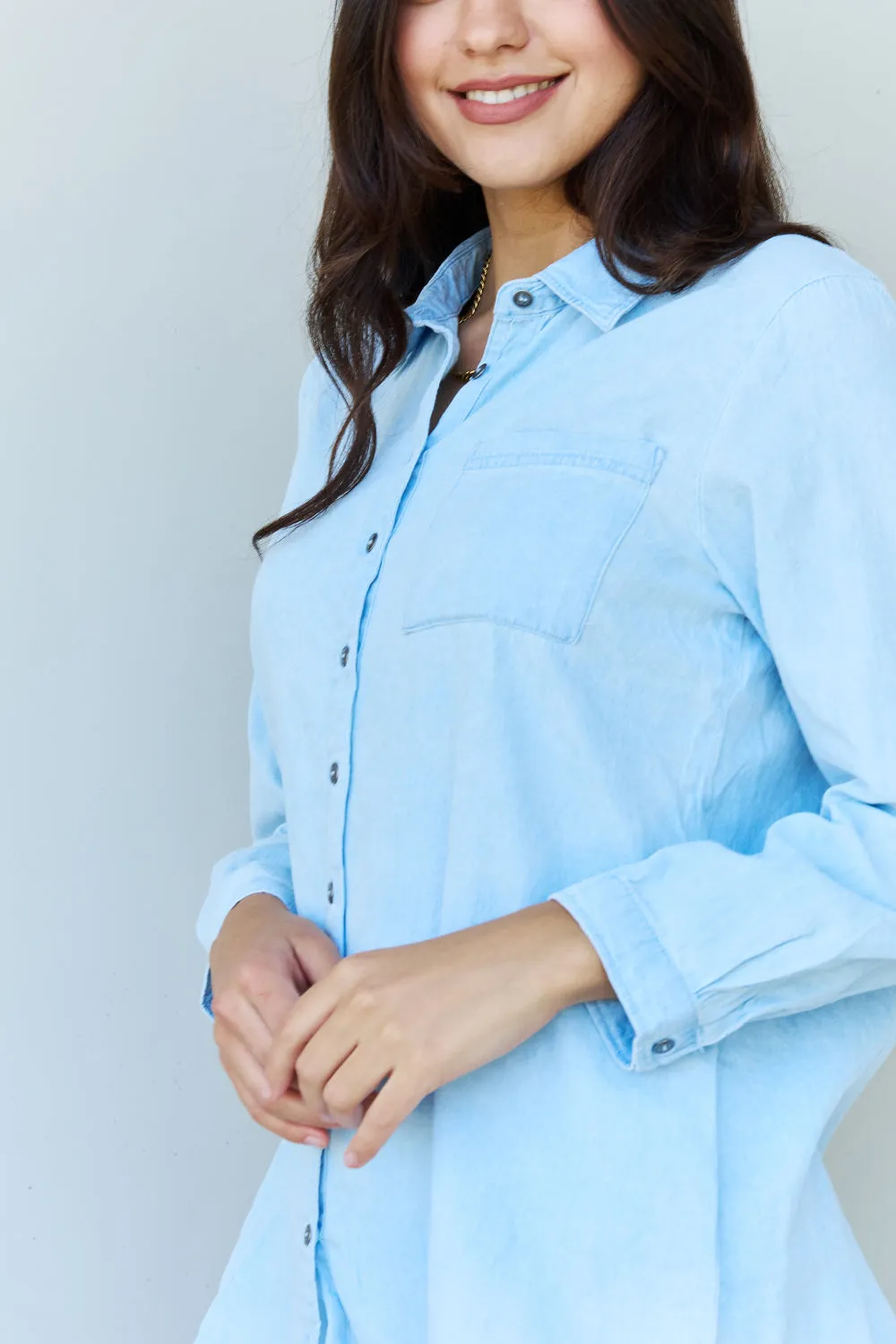 Doublju Denim Button Down Shirt Top in Light Blue