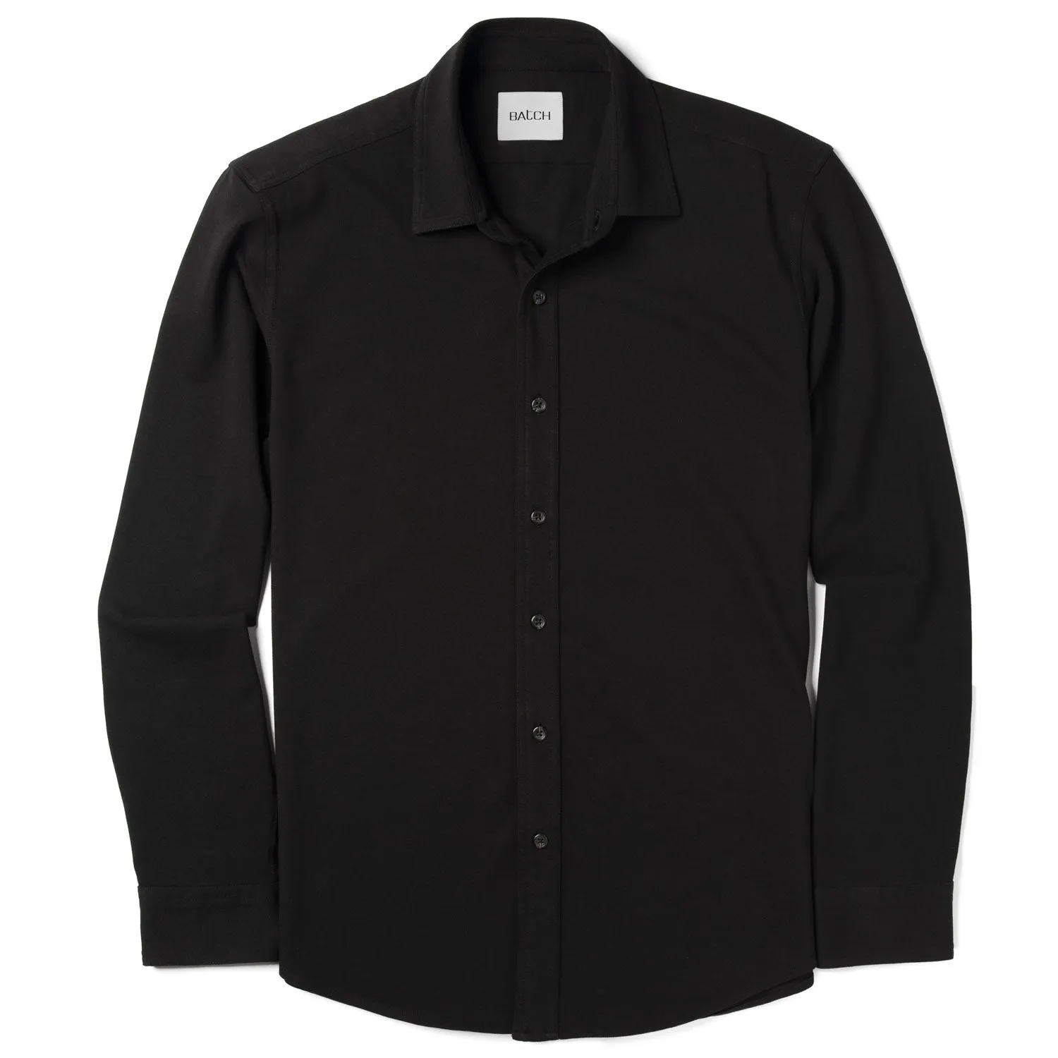 Essential Spread Collar Casual Knit Shirt - Jet Black Cotton Knit Pique