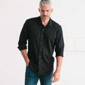 Essential Spread Collar Casual Knit Shirt - Jet Black Cotton Knit Pique