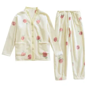 Flannel Pajamas Winter Thick and Velvet Ladies Peach Korean Version Set Cardigan Autumn and Winter Coral Fleece Loungewear