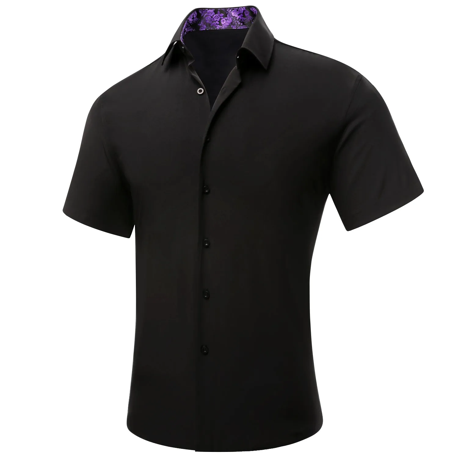 Hi-Tie Black Solid Purple Paisley Collar Silk Men's Short Sleeve Shirt