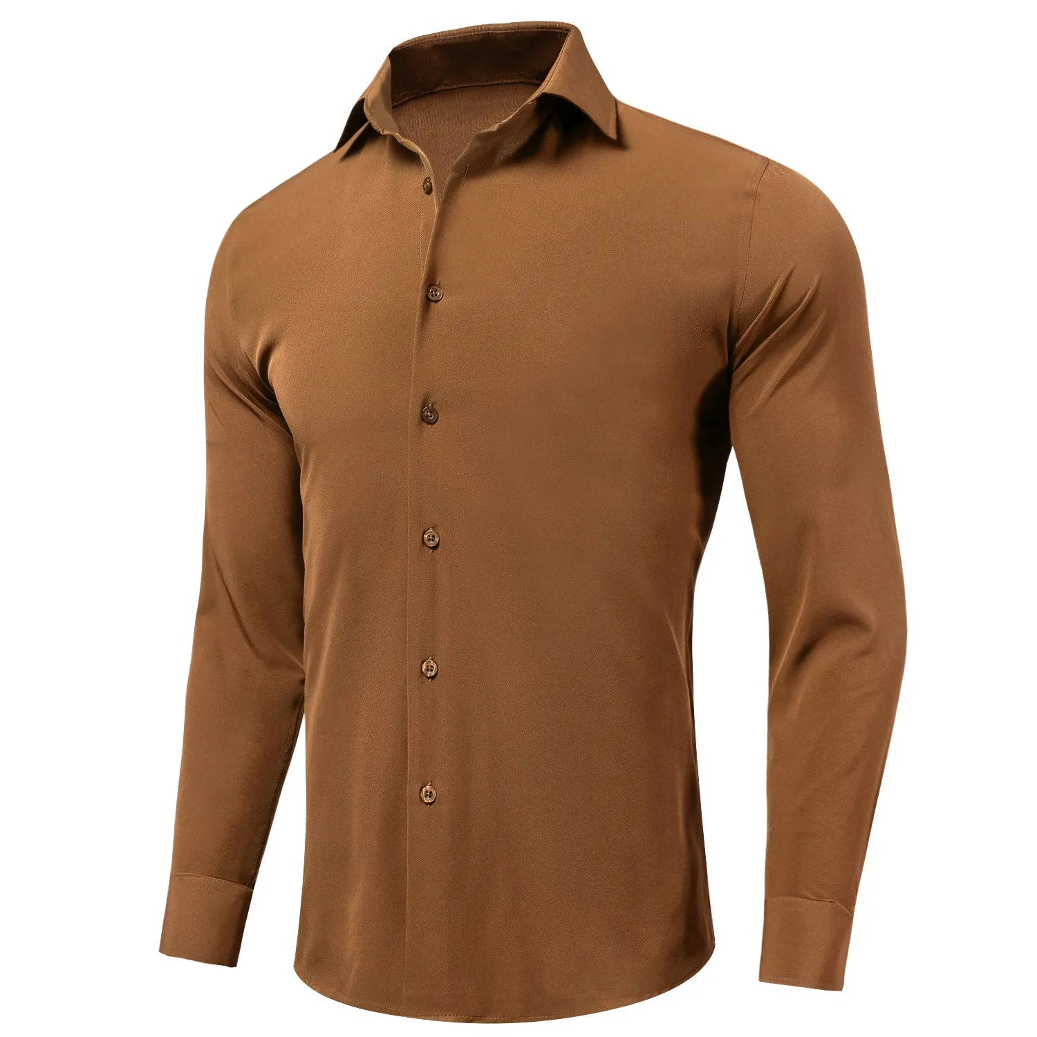 Hi-Tie Brown Dress Shirt Solid Stretch Mens Collared Long Sleeve Shirt