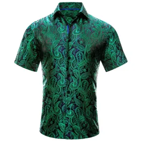 Hi-Tie Emerald Green Blue Paisley Silk Men's Short Sleeve Shirt