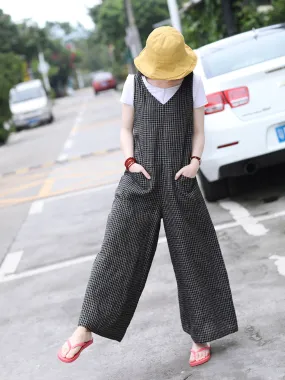 Plaid Linen Summer Jumpsuits Autumn Women Overall Casual Pants SMM97219