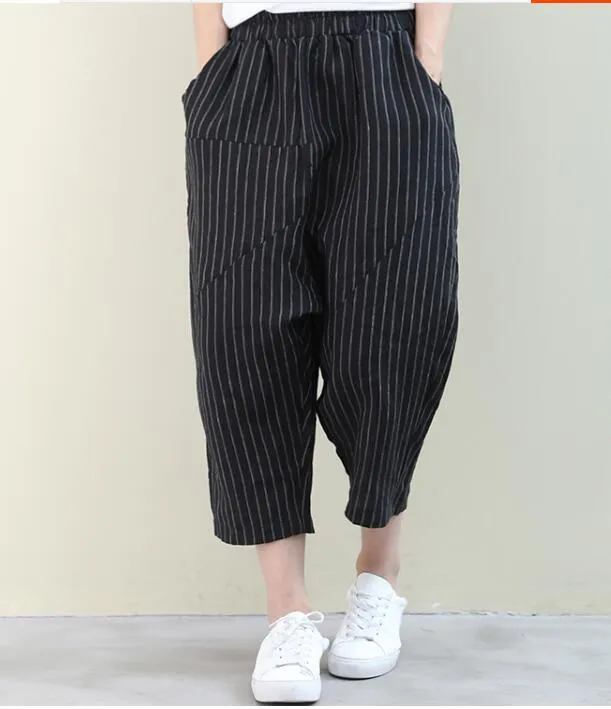 Striped Summer Loose Linen Wide Leg Women Casual Pants Elastic Waist WG05131