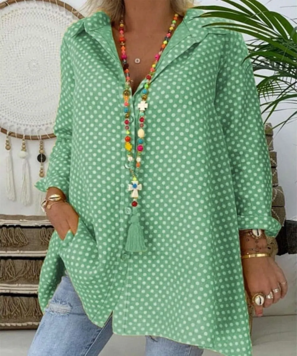 V Neck Polka Dot Long Sleeve Loose Blouse