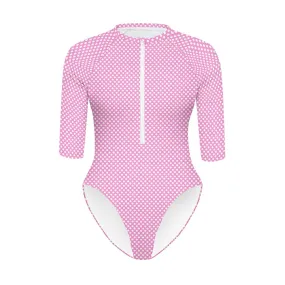 Vampire Art Half-sleeve Zipper Swimsuit - Pink Cottagecore Polka Dot