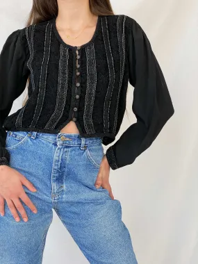 Vintage Boho Goth Black Long Sleeve Button Front Cropped Top